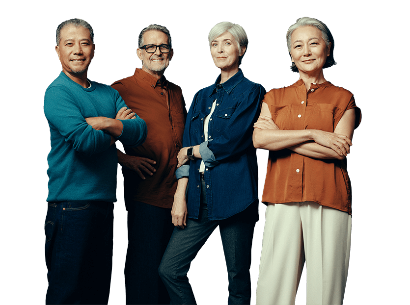 Four middle-aged people standing in different poses and smiling at the camera. Ready to start an osteoporosis injection. Not actual patients