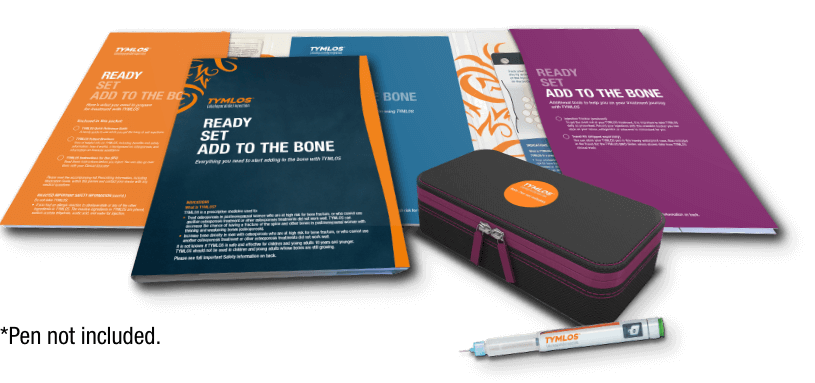 TYMLOS Welcome kit that includes a Getting Started Guide, treatment roadmap, and travel case